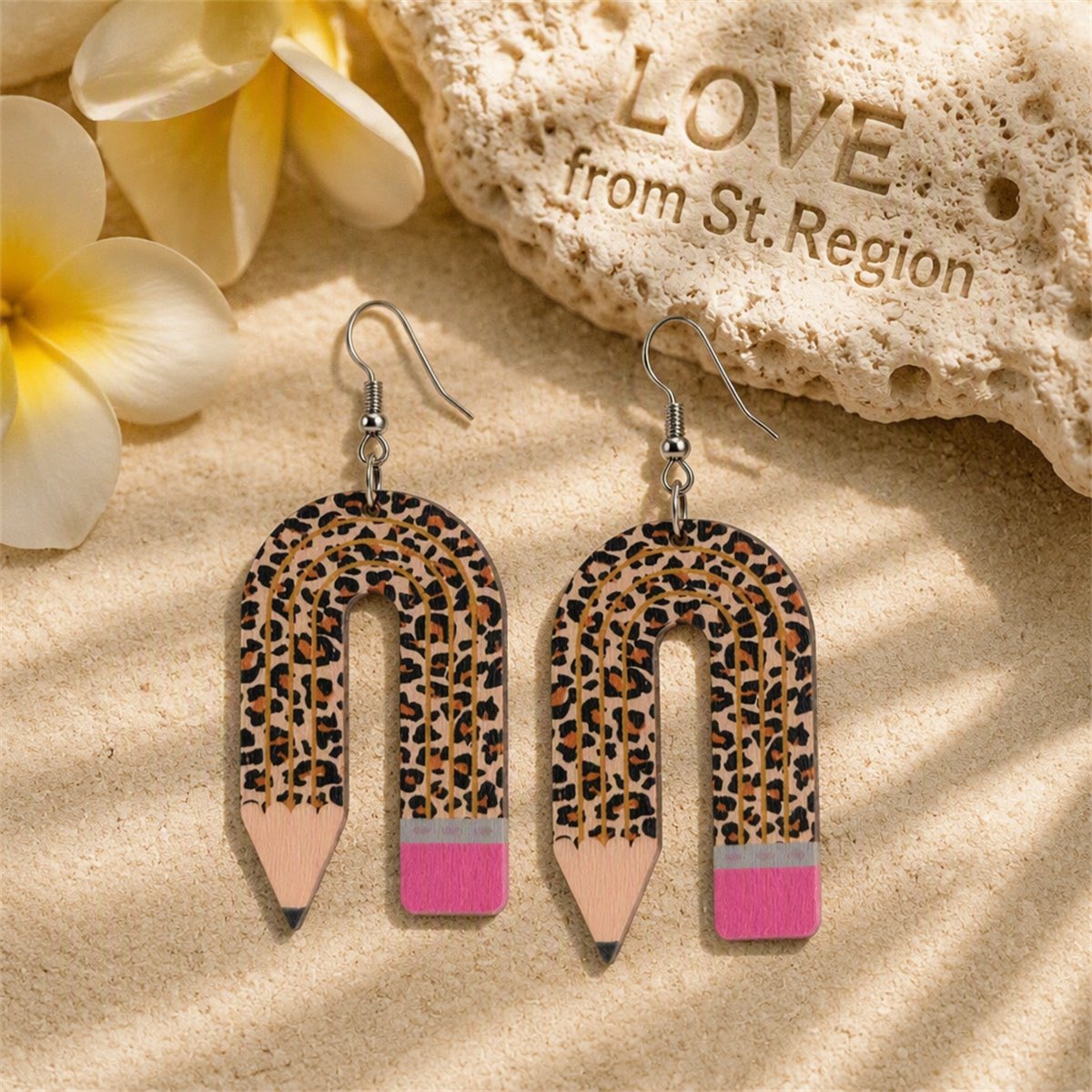 Brown Wood and Silver-Plated Leopard Pencil Drop Earrings, silver drop earrings for women, lifestyle look