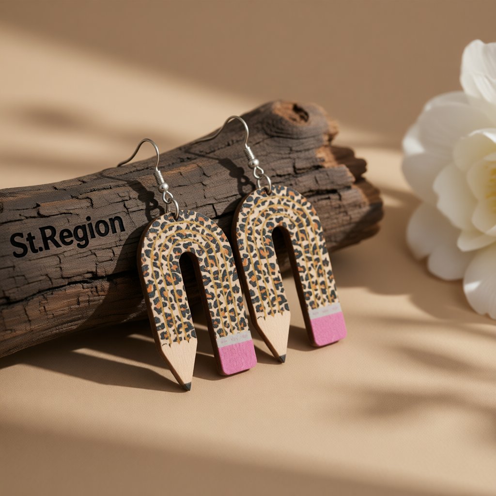 Brown Wood and Silver-Plated Leopard Pencil Drop Earrings, silver drop earrings for women, front view