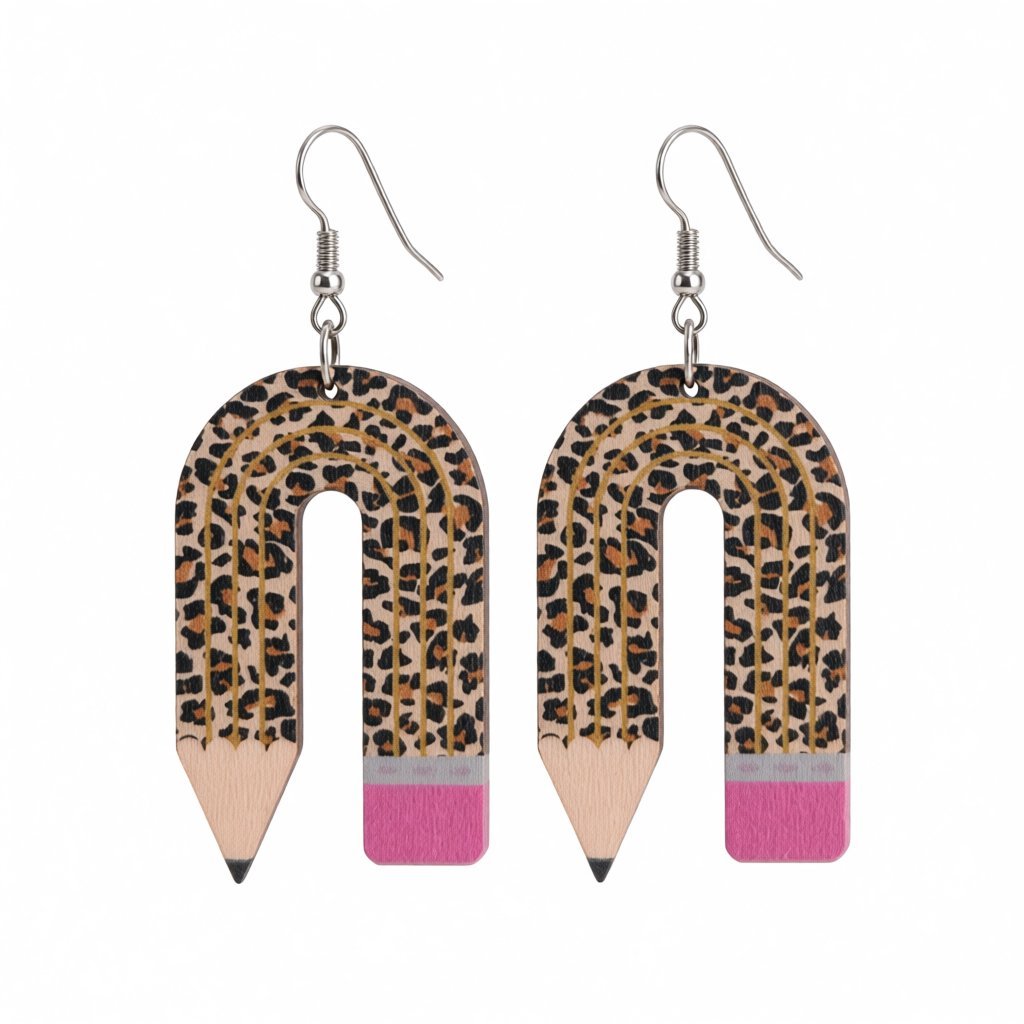Brown Wood and Silver-Plated Leopard Pencil Drop Earrings, silver drop earrings for women, side view