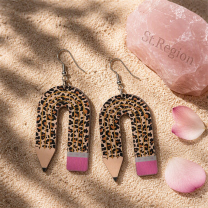 Brown Wood and Silver-Plated Leopard Pencil Drop Earrings, silver drop earrings for women, detail close-up