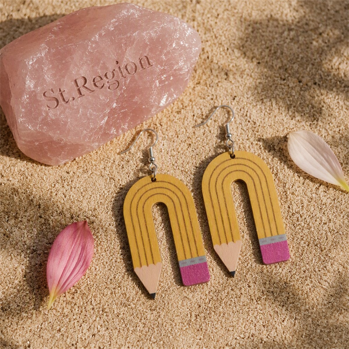 Yellow Wood Pencil Drop Earrings, drop earrings for women, dainty minimalist design, detail close-up