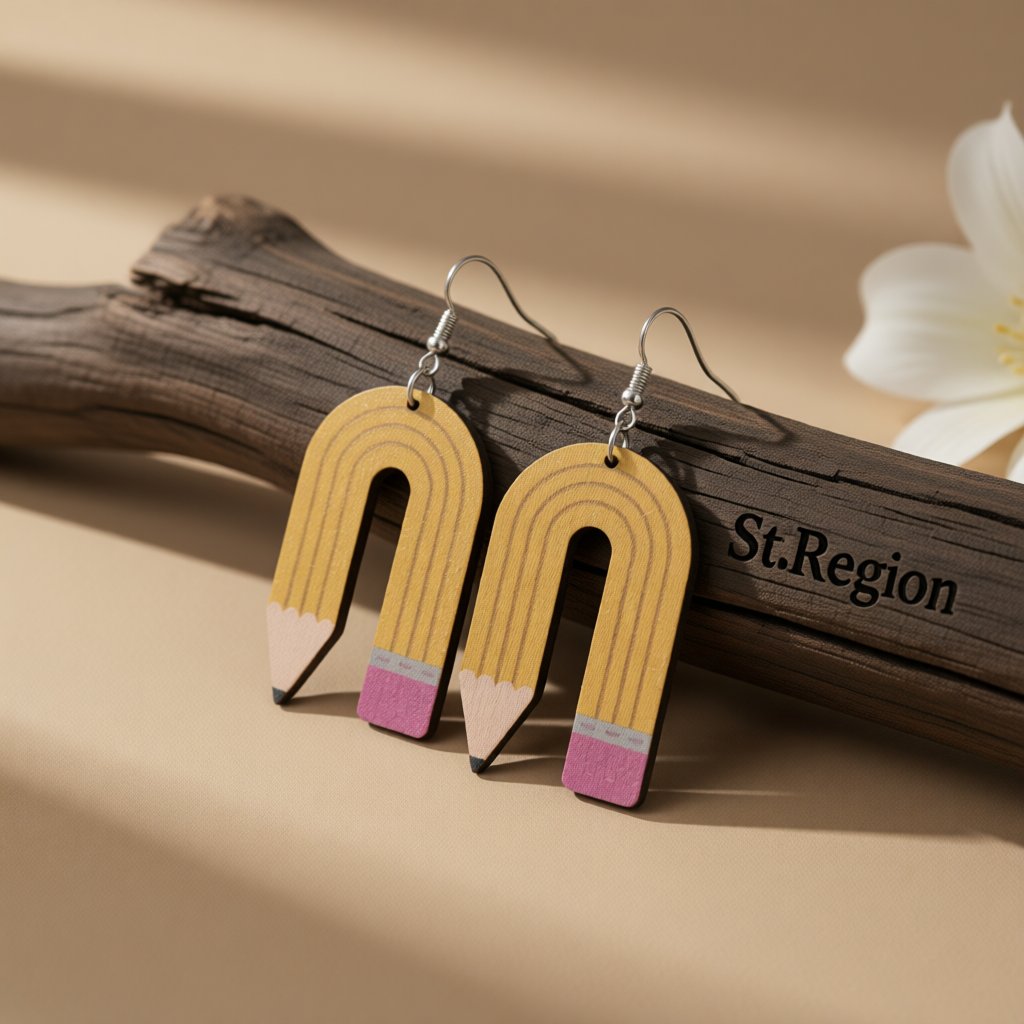 Yellow Wood Pencil Drop Earrings, drop earrings for women, dainty minimalist design, front view