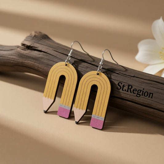 Yellow Wood Pencil Drop Earrings, drop earrings for women, dainty minimalist design, front view