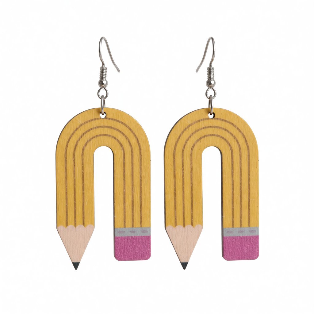 Yellow Wood Pencil Drop Earrings, drop earrings for women, dainty minimalist design, side view