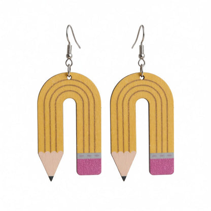 Yellow Wood Pencil Drop Earrings, drop earrings for women, dainty minimalist design, side view