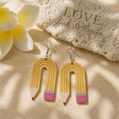 Yellow Wood Pencil Drop Earrings, drop earrings for women, dainty minimalist design, lifestyle look