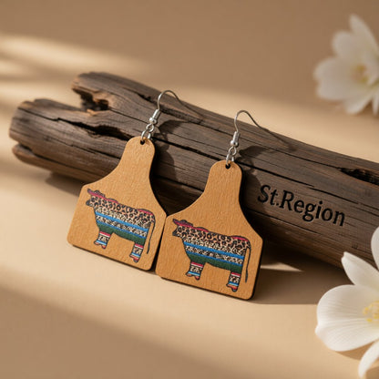 Orange and Blue Leopard Cow Wood Drop Earrings, drop earrings for women, vintage-inspired design, front view