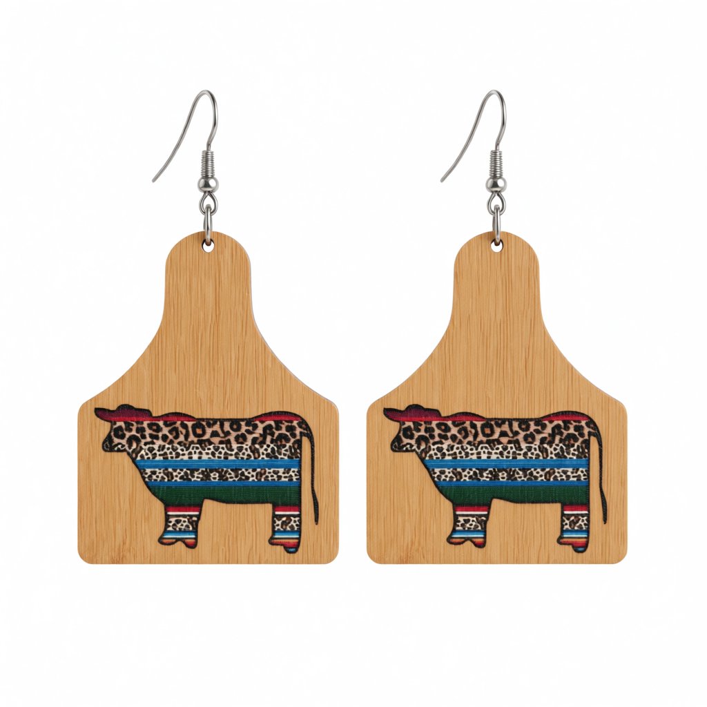 Orange and Blue Leopard Cow Wood Drop Earrings, drop earrings for women, vintage-inspired design, side view