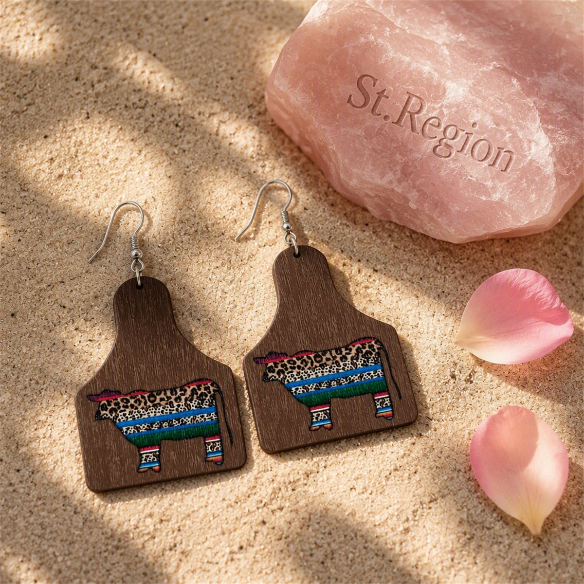 Brown and Blue Leopard Cow Wood Drop Earrings, drop earrings for women, botanical inspired, detail close-up