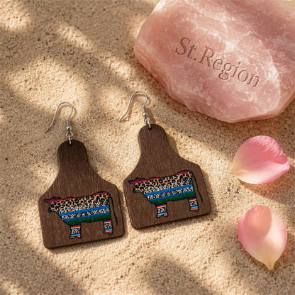 Brown and Blue Leopard Cow Wood Drop Earrings, drop earrings for women, botanical inspired, detail close-up