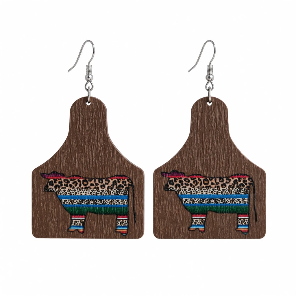 Brown and Blue Leopard Cow Wood Drop Earrings, drop earrings for women, botanical inspired, side view