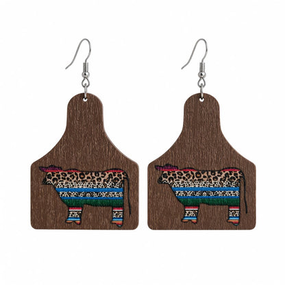 Brown and Blue Leopard Cow Wood Drop Earrings, drop earrings for women, botanical inspired, side view