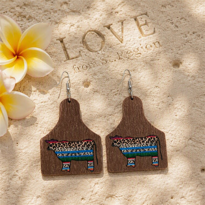 Brown and Blue Leopard Cow Wood Drop Earrings, drop earrings for women, botanical inspired, lifestyle look