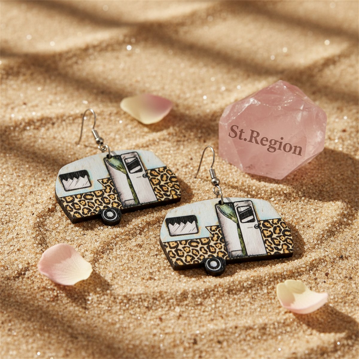White and Yellow Camper Wood Drop Earrings, drop earrings for women, elegant gift for her, detail close-up