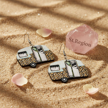 White and Yellow Camper Wood Drop Earrings, drop earrings for women, elegant gift for her, detail close-up