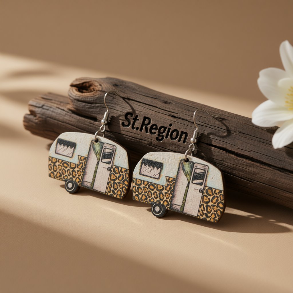 White and Yellow Camper Wood Drop Earrings, drop earrings for women, elegant gift for her, front view