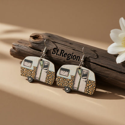 White and Yellow Camper Wood Drop Earrings, drop earrings for women, elegant gift for her, front view