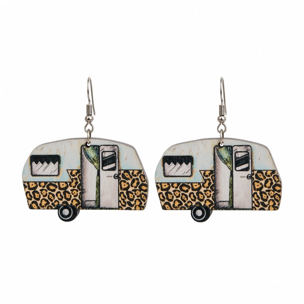 White and Yellow Camper Wood Drop Earrings, drop earrings for women, elegant gift for her, side view