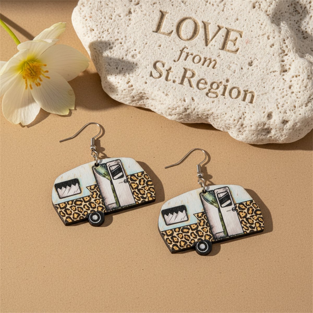 White and Yellow Camper Wood Drop Earrings, drop earrings for women, elegant gift for her, lifestyle look