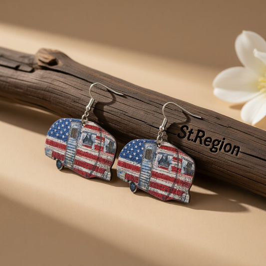 Red and Blue Stars and Stripes Van Drop Earrings, drop earrings for women, vintage-inspired design, front view