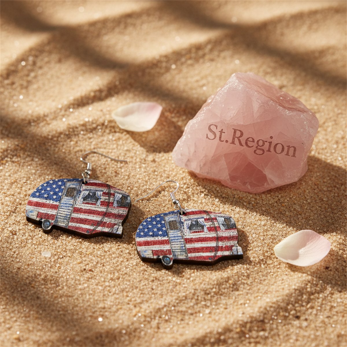 Red and Blue Stars and Stripes Van Drop Earrings, drop earrings for women, vintage-inspired design, detail close-up