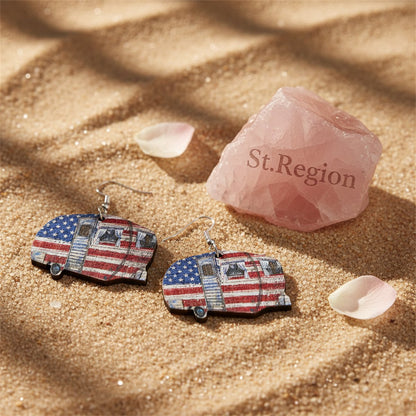 Red and Blue Stars and Stripes Van Drop Earrings, drop earrings for women, vintage-inspired design, detail close-up