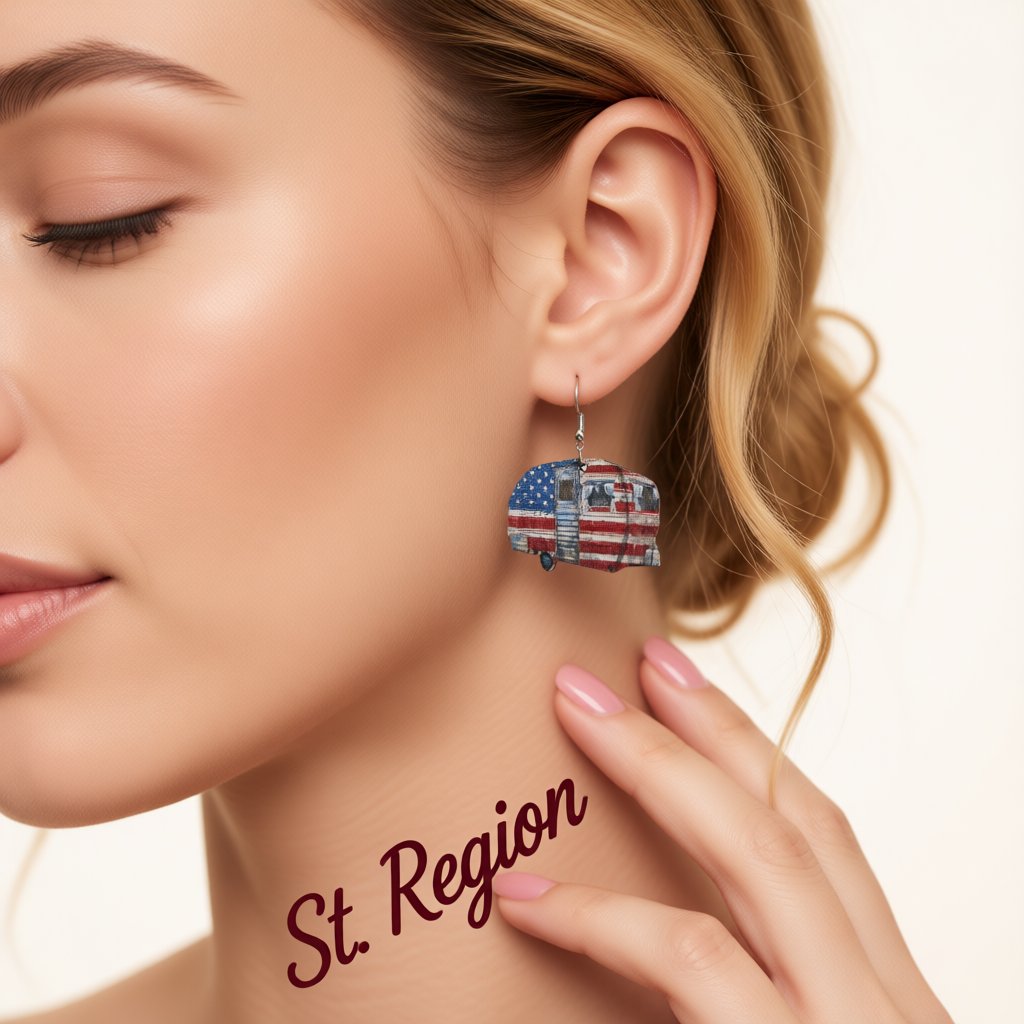 Red and Blue Stars and Stripes Van Drop Earrings, drop earrings for women, vintage-inspired design, styled look