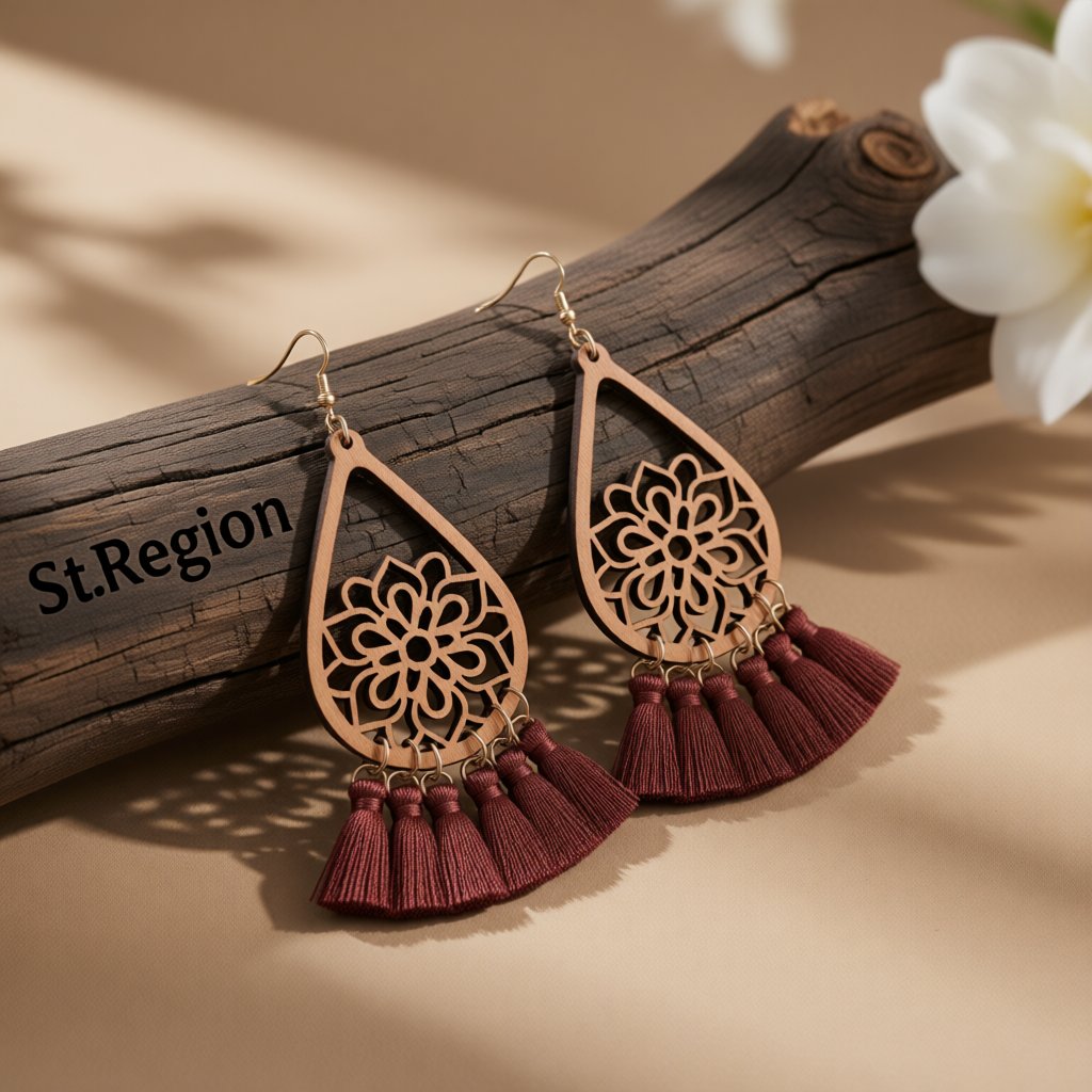 Brown and Wood Lotus Tassel Teardrop Earrings, drop earrings for women, elegant gift for her, front view