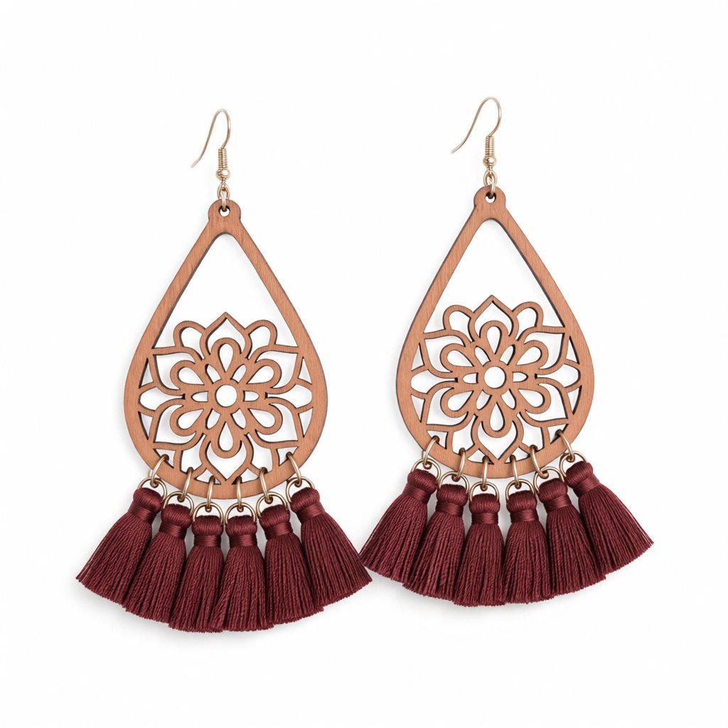 Brown and Wood Lotus Tassel Teardrop Earrings, drop earrings for women, elegant gift for her, side view