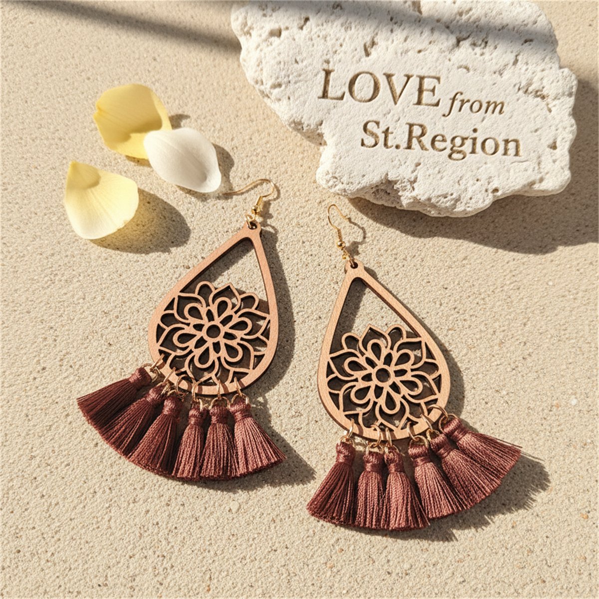 Brown and Wood Lotus Tassel Teardrop Earrings, drop earrings for women, elegant gift for her, lifestyle look