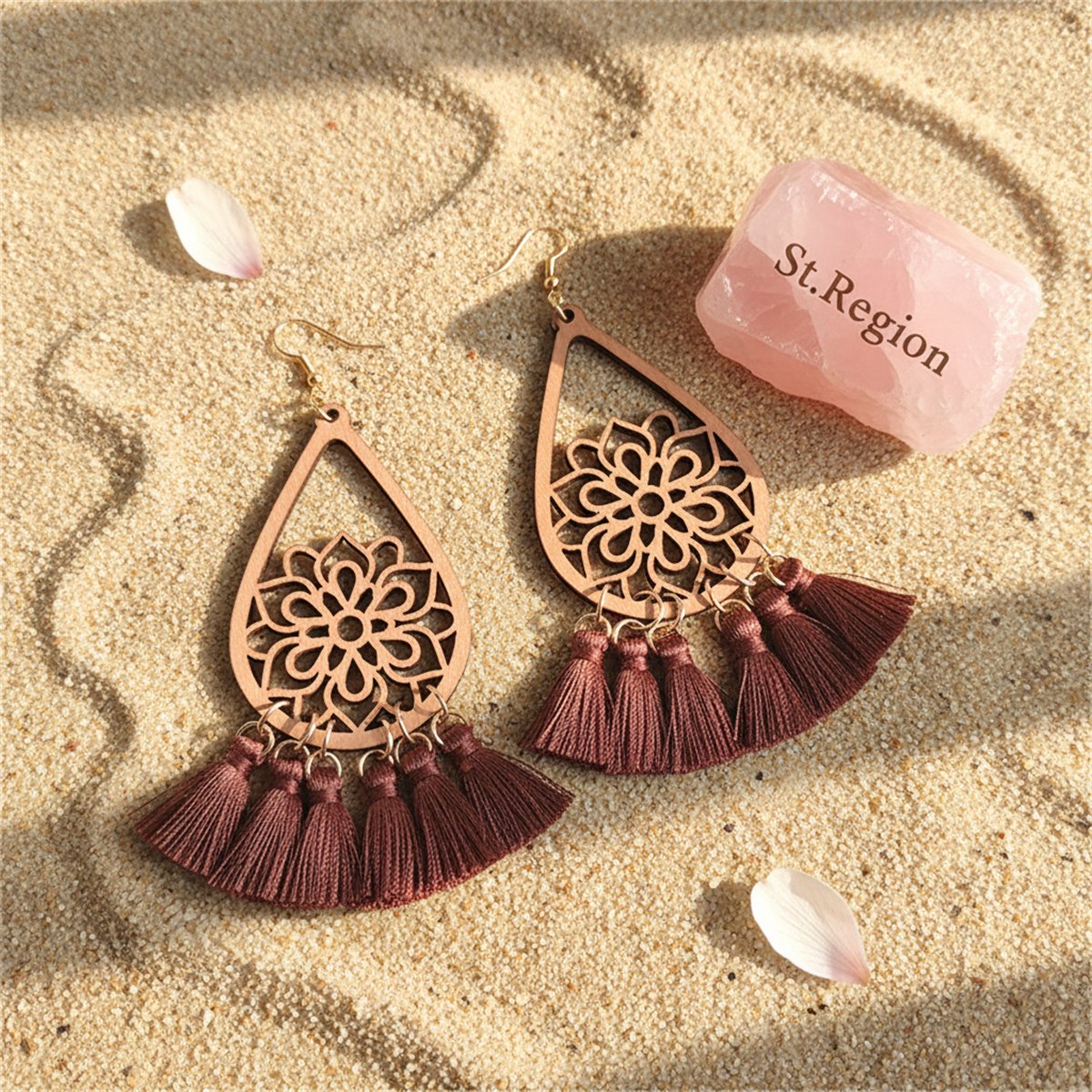 Brown and Wood Lotus Tassel Teardrop Earrings, drop earrings for women, elegant gift for her, detail close-up