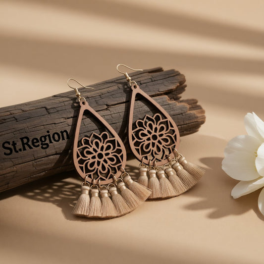 Beige and Wood Lotus Tassel Drop Earrings, drop earrings for women, vintage-inspired design, front view