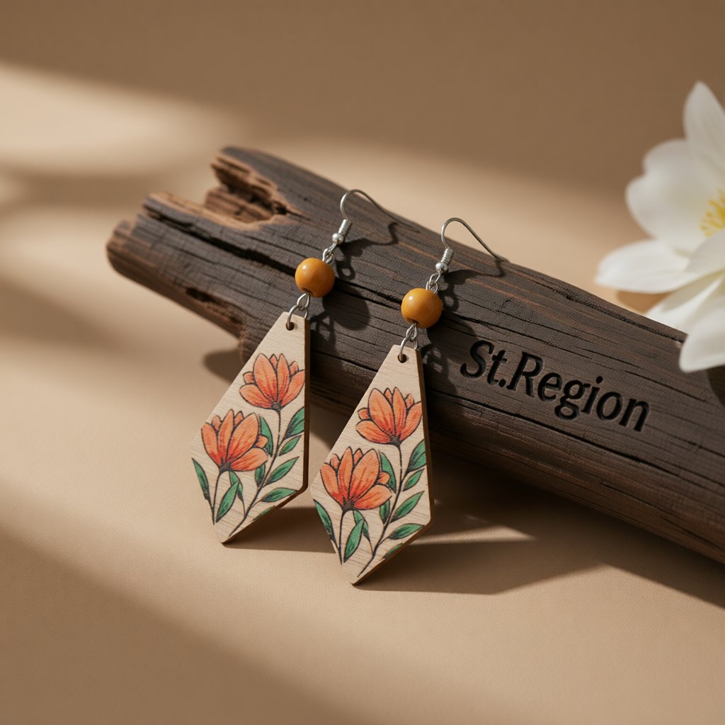 Red Multicolor Wood and Silver-Plated Floral Rhombus Drop Earrings, silver drop earrings for women, front view