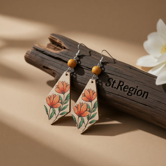Red Multicolor Wood and Silver-Plated Floral Rhombus Drop Earrings, silver drop earrings for women, front view