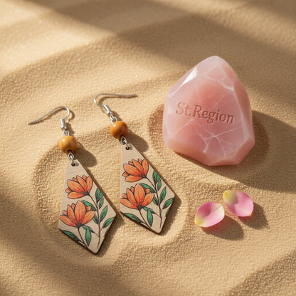 Red Multicolor Wood and Silver-Plated Floral Rhombus Drop Earrings, silver drop earrings for women, detail close-up