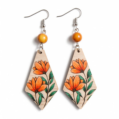 Red Multicolor Wood and Silver-Plated Floral Rhombus Drop Earrings, silver drop earrings for women, everyday style, side view