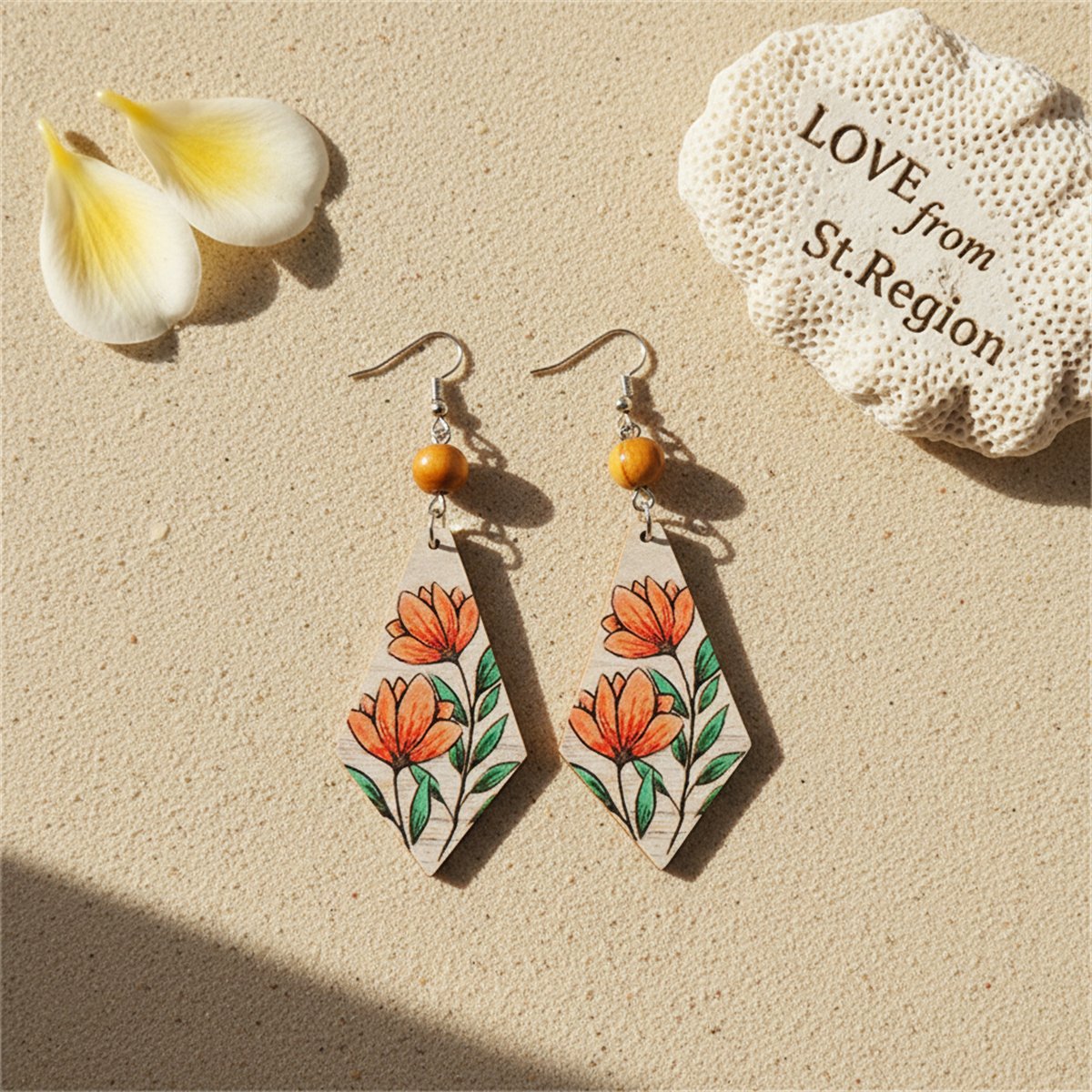 Red Multicolor Wood and Silver-Plated Floral Rhombus Drop Earrings, silver drop earrings for women, lifestyle look