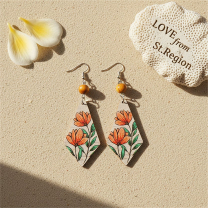 Red Multicolor Wood and Silver-Plated Floral Rhombus Drop Earrings, silver drop earrings for women, lifestyle look