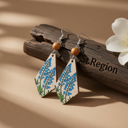 Blue Multicolor Wood and Silver-Plated Lavender Rhombus Drop Earrings, silver drop earrings for women, front view