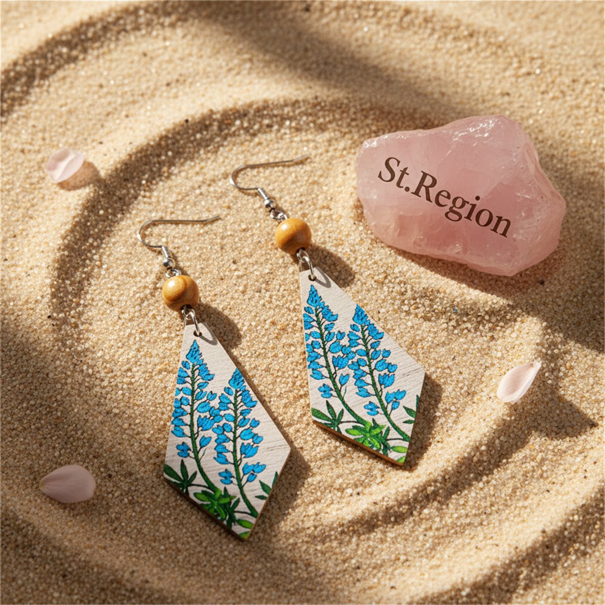 Blue Multicolor Wood and Silver-Plated Lavender Rhombus Drop Earrings, silver drop earrings for women, detail close-up
