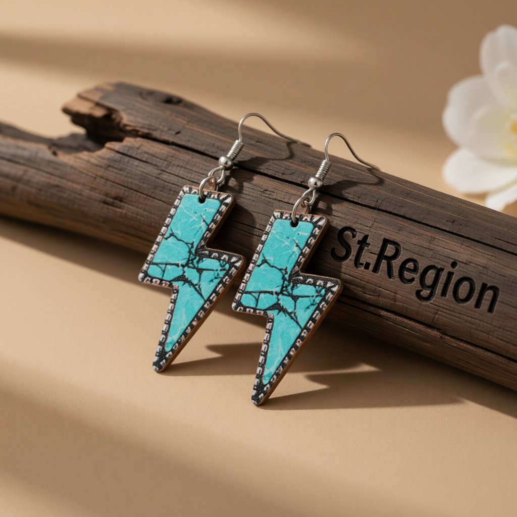 Blue Wood and Silver-Plated Lightning Drop Earrings, silver drop earrings for women, elegant gift for her, front view