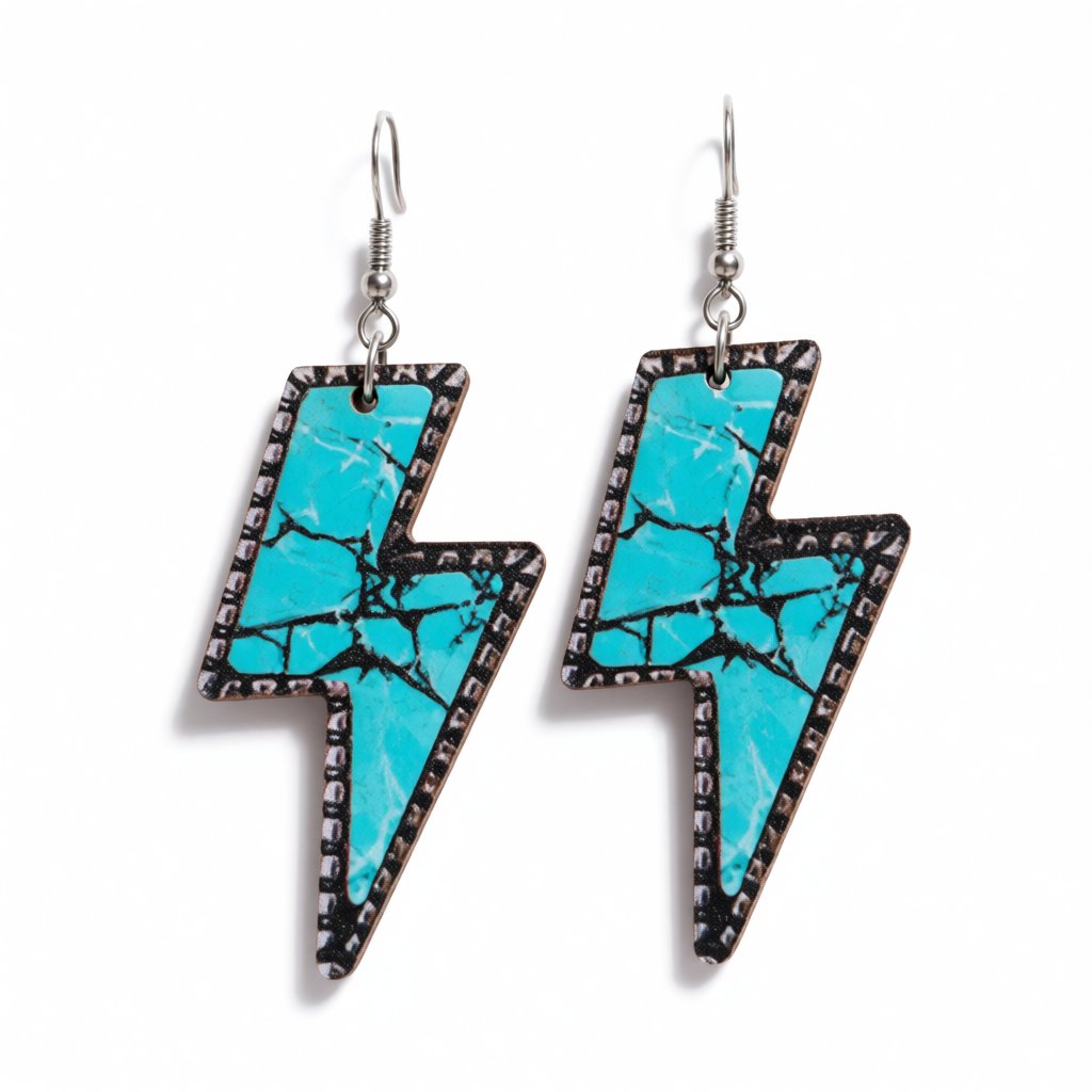 Blue Wood and Silver-Plated Lightning Drop Earrings, silver drop earrings for women, elegant gift for her, side view