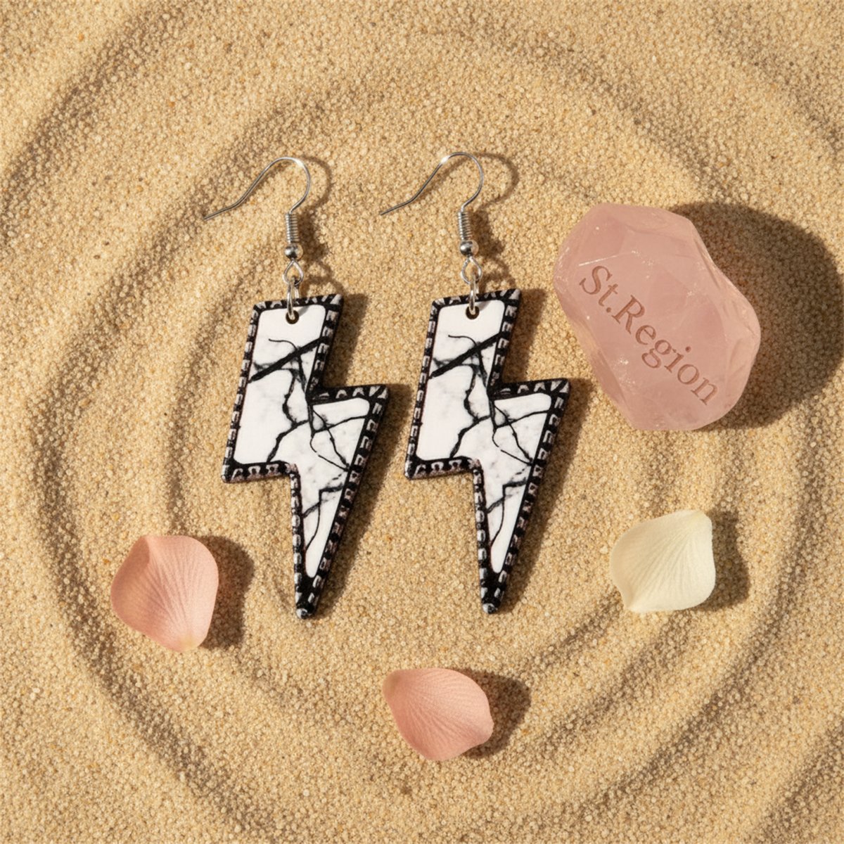 White and Black Marble-Print Lightning Bolt Drop Earrings, drop earrings for women, detail close-up