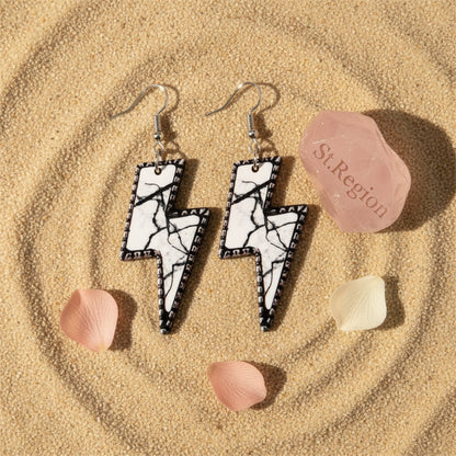White and Black Marble-Print Lightning Bolt Drop Earrings, drop earrings for women, detail close-up