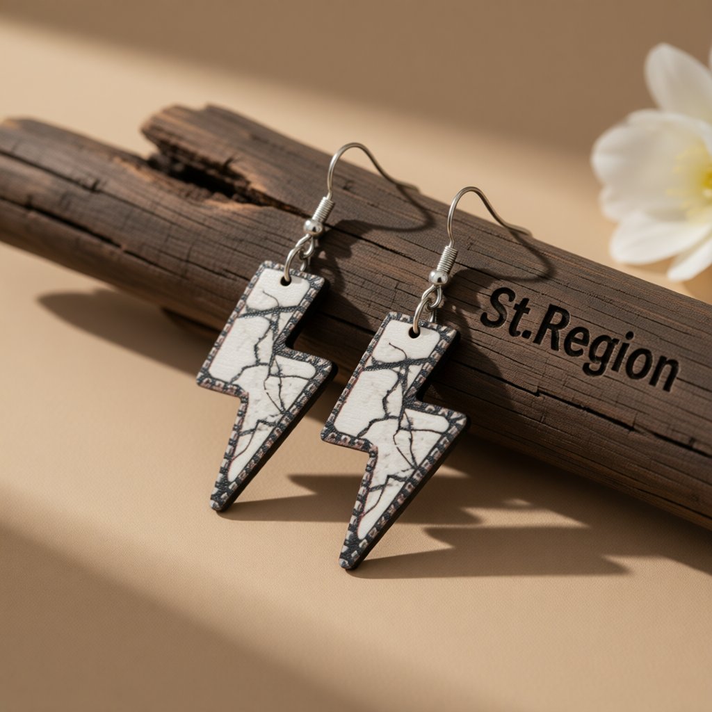 White and Black Marble-Print Lightning Bolt Drop Earrings, drop earrings for women, vintage-inspired design, front view