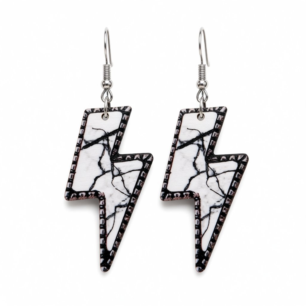 White and Black Marble-Print Lightning Bolt Drop Earrings, drop earrings for women, vintage-inspired design, side view