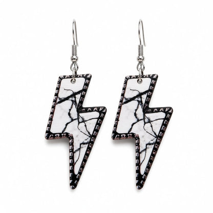 White and Black Marble-Print Lightning Bolt Drop Earrings, drop earrings for women, vintage-inspired design, side view