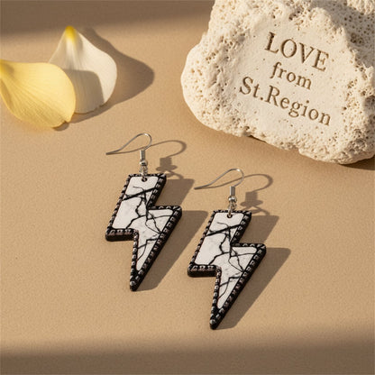 White and Black Marble-Print Lightning Bolt Drop Earrings, drop earrings for women, lifestyle look