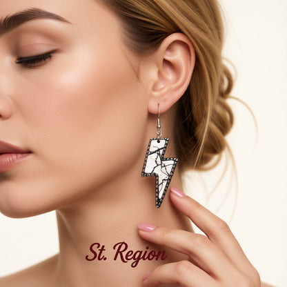 White and Black Marble-Print Lightning Bolt Drop Earrings, drop earrings for women, vintage-inspired design, styled look
