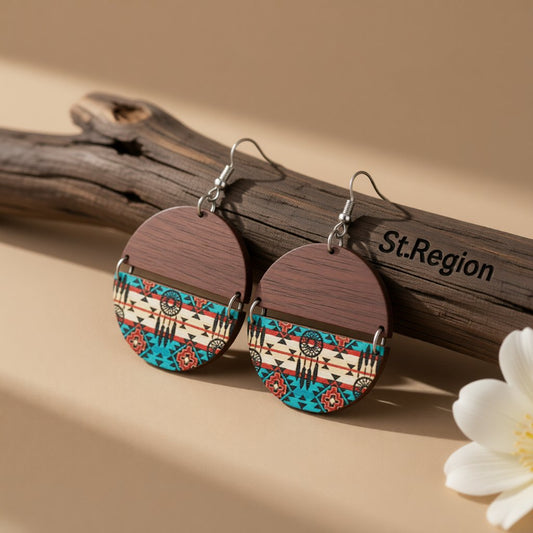 Blue Multicolor Wood and Silver-Plated Geometric Round Drop Earrings, silver drop earrings for women, front view
